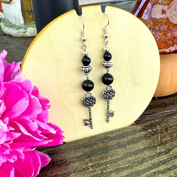 Black and Silver Gothic Key Dangle Earrings - Picture 2 of 2